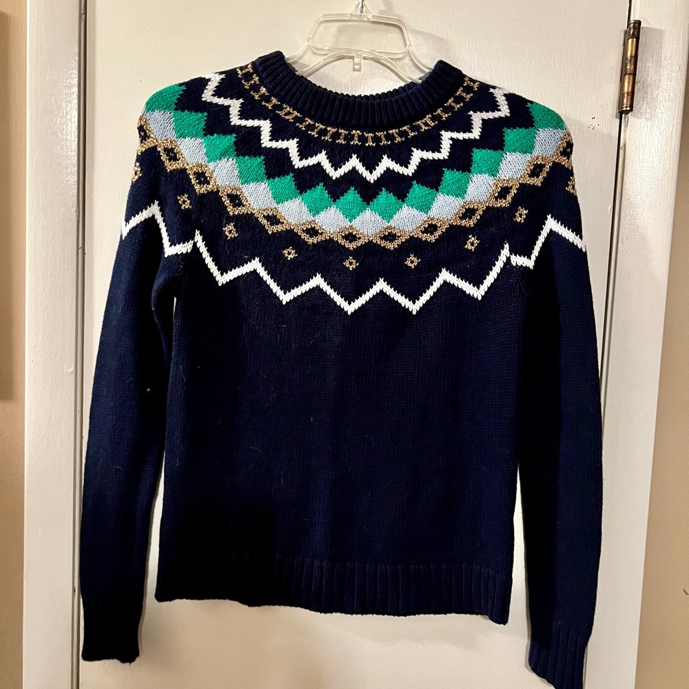 J Crew XS Sweater Navy with Green, Blue, White & Gold